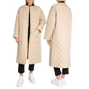 Rodebjer Sandler Quilted Recycled-Shell Padded Long Statement Coat (Smoky Taupe)